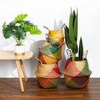 Colorful patchwork woven belly basket with handles