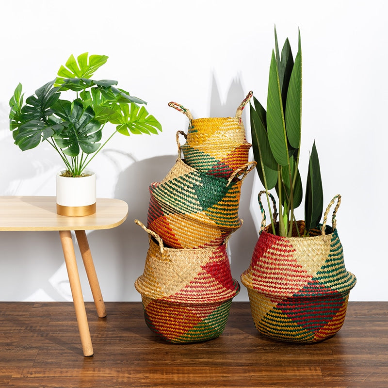 Colorful patchwork woven belly basket with handles