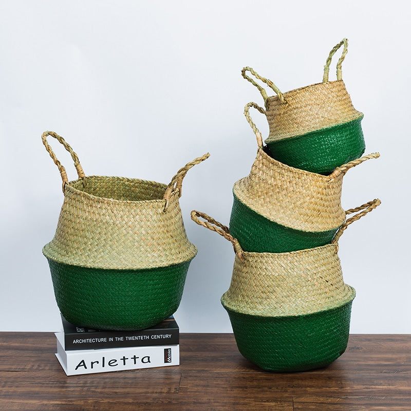 Stack of foldable woven belly baskets with green bases