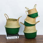 Stack of foldable woven belly baskets with green bases