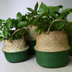 Stack of foldable woven belly baskets with green bases