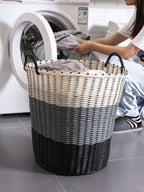 Foldable woven laundry basket with a white, gray and black gradient