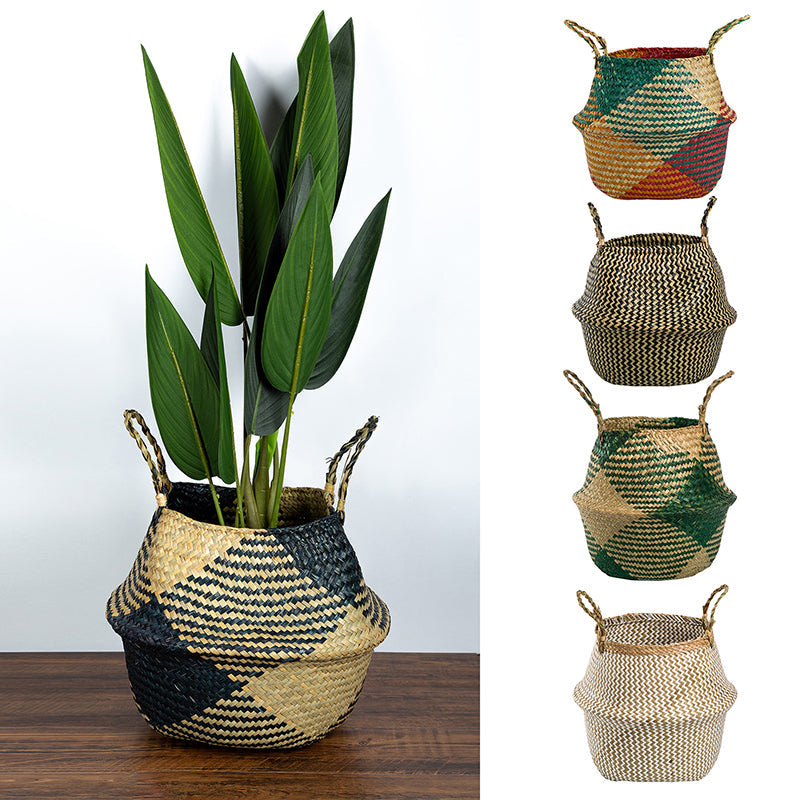 Foldable hand woven wicker planter basket with a rectangle pattern