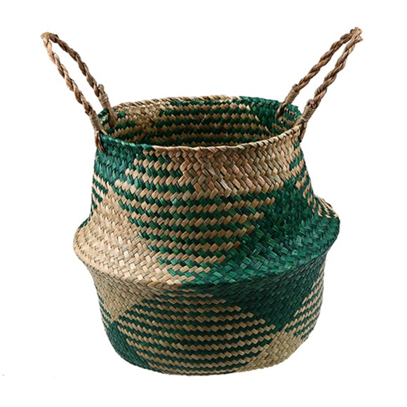 Foldable hand woven wicker planter basket with a rectangle pattern