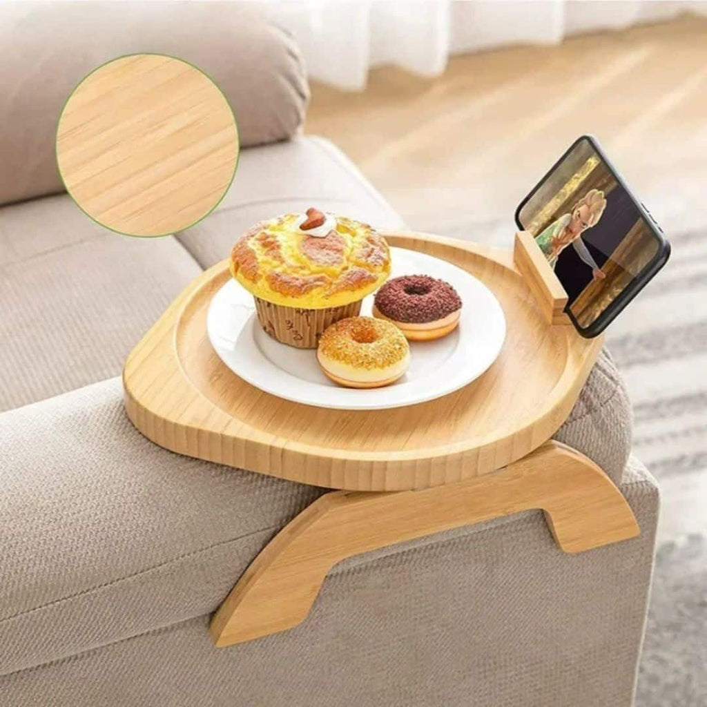 Folding bamboo lap tray with built in phone holder