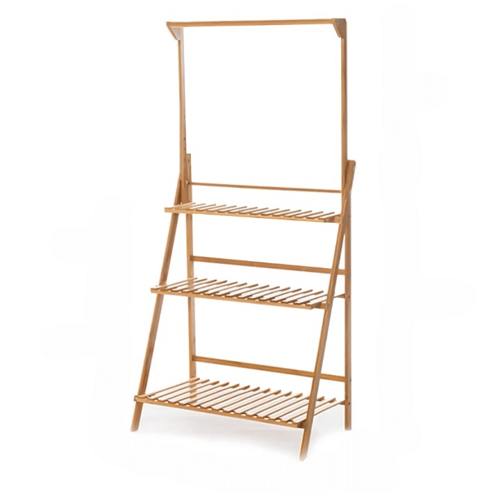 Tall folding bamboo plant stand with tiered shelves and hanging hooks