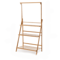 Tall folding bamboo plant stand with tiered shelves and hanging hooks
