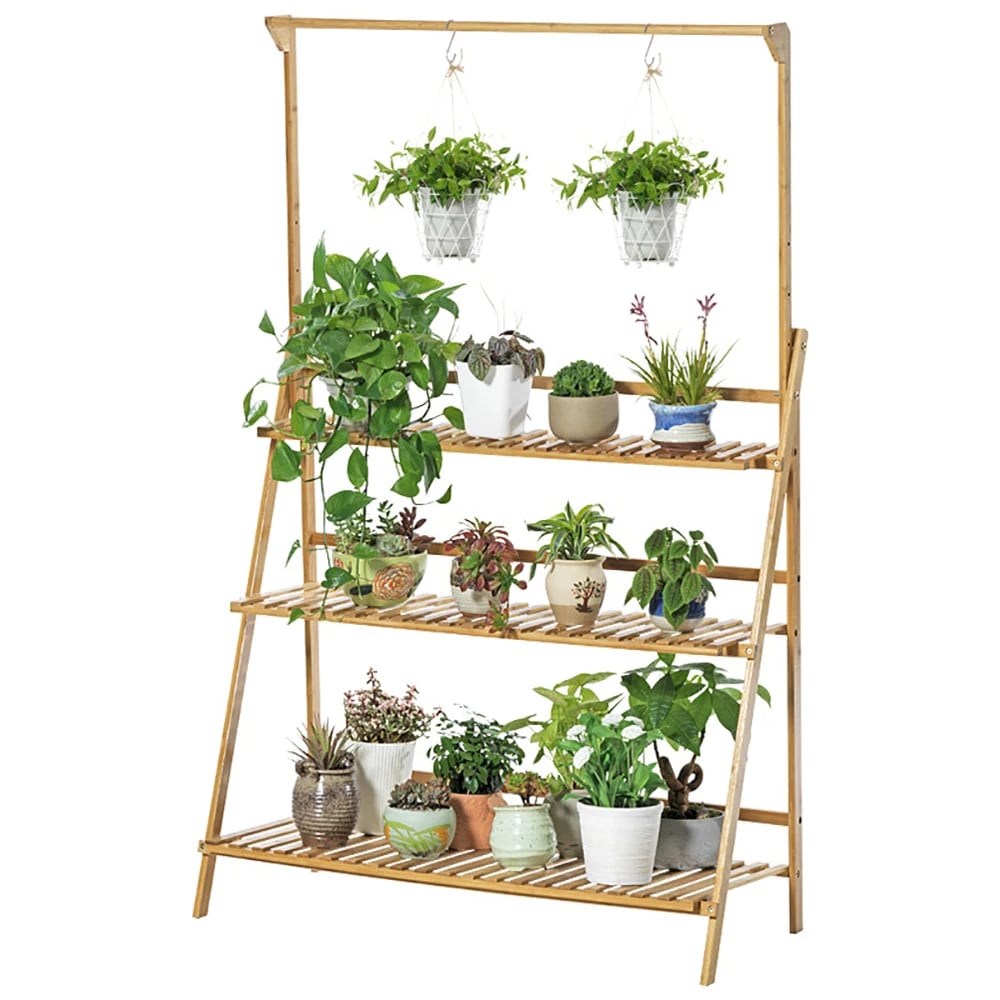 Tall folding bamboo plant stand with tiered shelves and hanging hooks