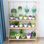 Tall folding bamboo plant stand with tiered shelves and hanging hooks