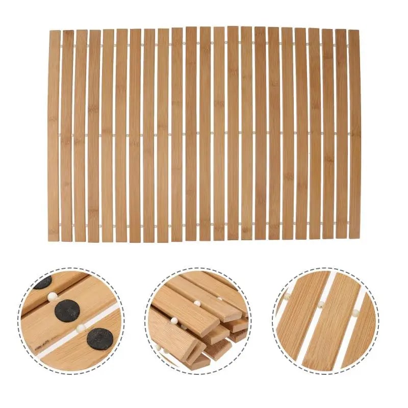 Folding natural bamboo slat bath mat with rubber feet