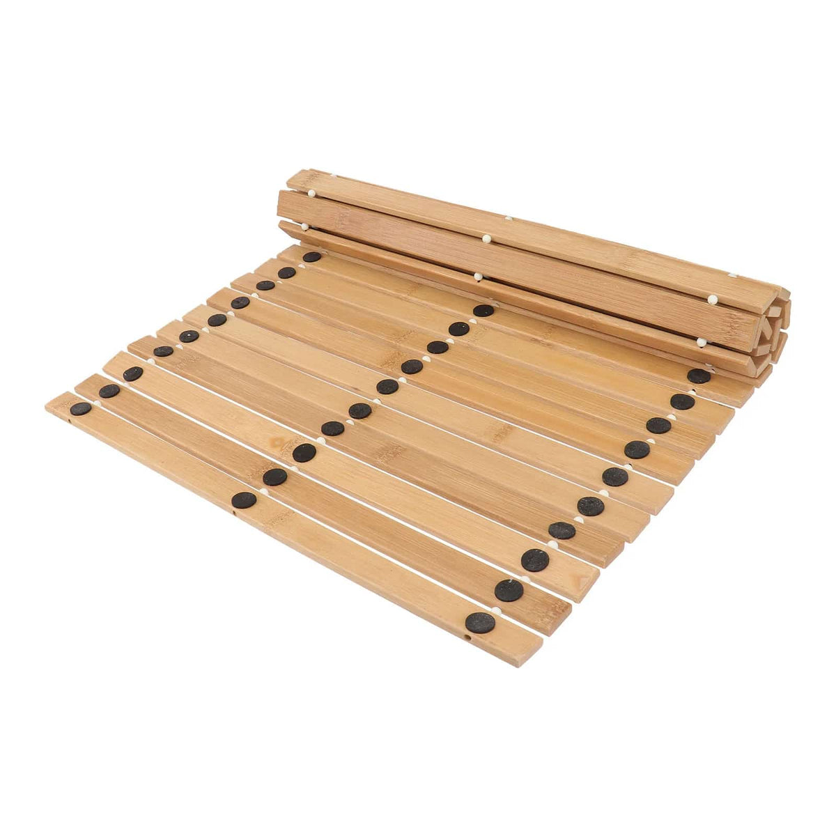 Folding natural bamboo slat bath mat with rubber feet