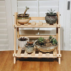 Folding two tier bamboo shelf in natural golden tone