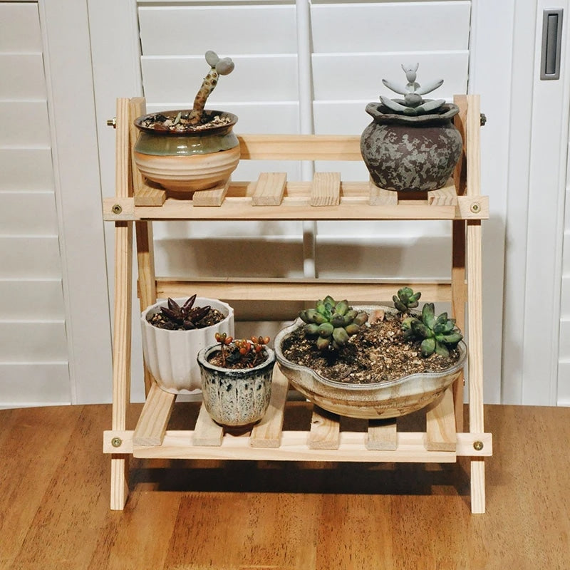 Folding two tier bamboo shelf in natural golden tone