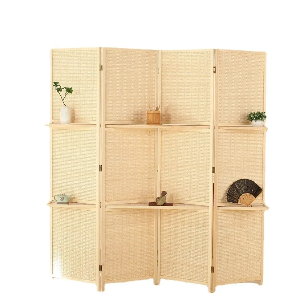 Four panel room divider with a honeycomb woven bamboo pattern in natural beige