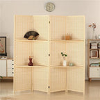 Four panel room divider with a honeycomb woven bamboo pattern in natural beige