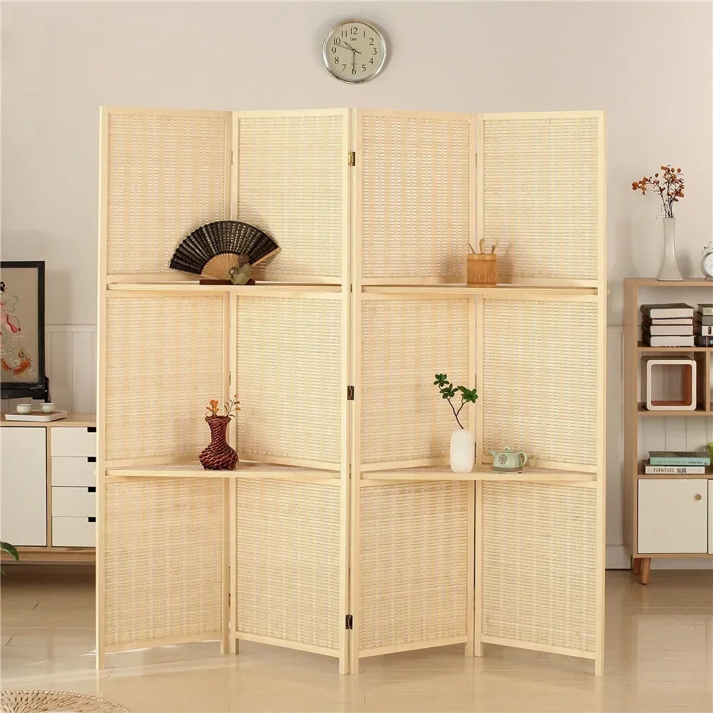 Four panel room divider with a honeycomb woven bamboo pattern in natural beige