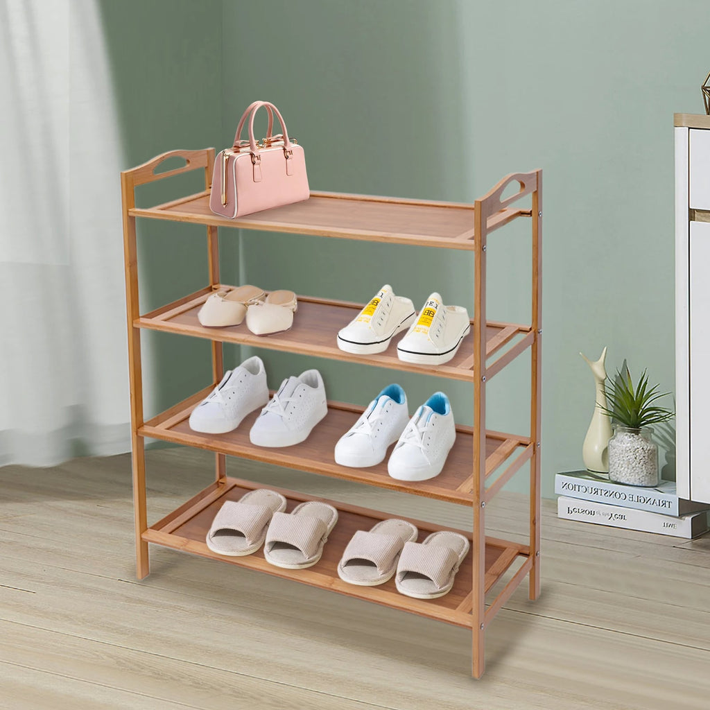 Four tier bamboo shoe rack in warm honey tone