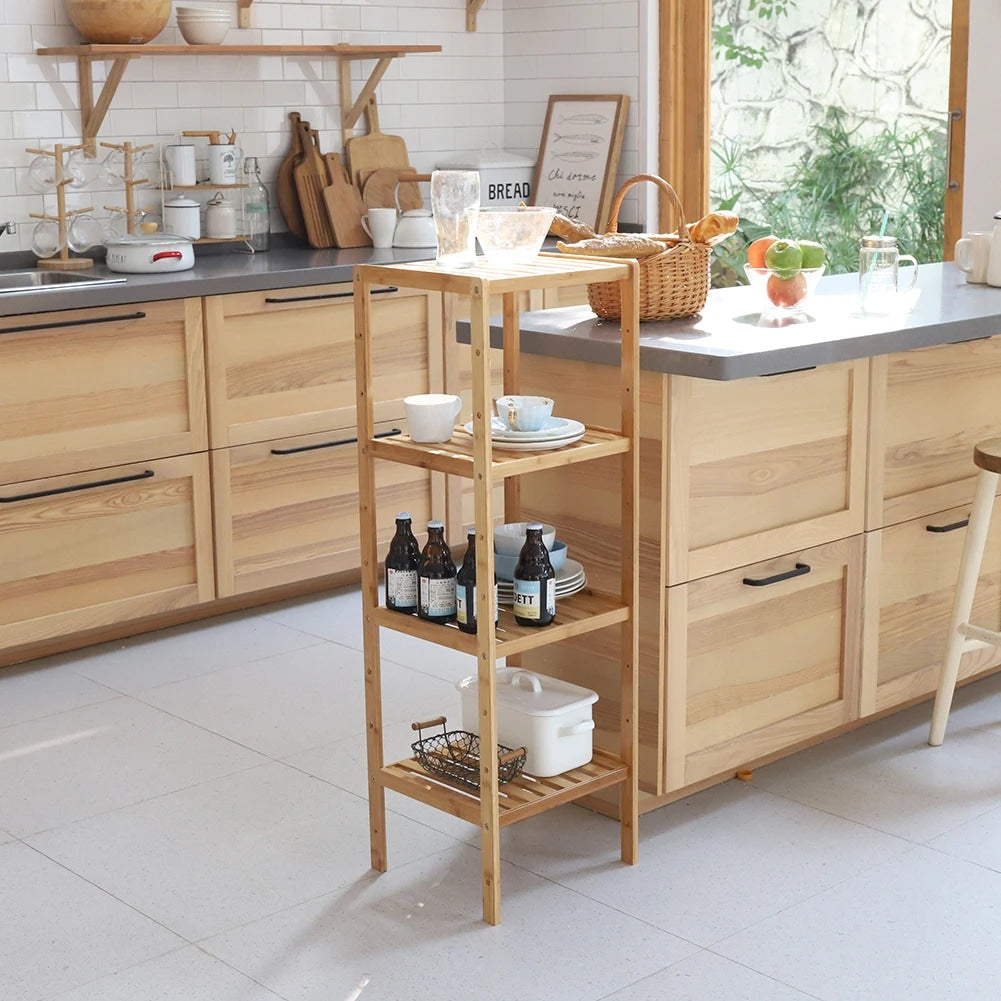Four tier multipurpose shelf in natural beige bamboo