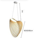 Sculptural futuristic pendant light made of finely cut natural wood slats