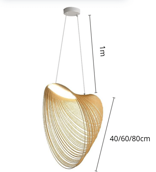 Sculptural futuristic pendant light made of finely cut natural wood slats