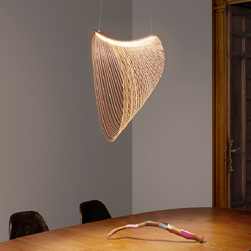 Sculptural futuristic pendant light made of finely cut natural wood slats