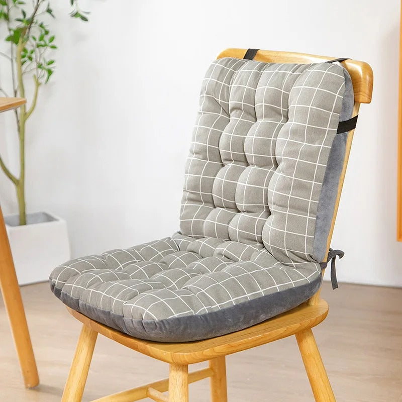 Polyester chair cushion with a woven look geometric line pattern in natural tones