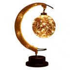 Crescent moon lamp with a hand woven hemp frame and a warm golden glow