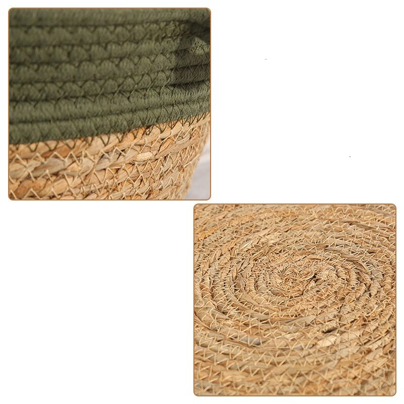 Round woven dog basket with green rim and patterned cushion
