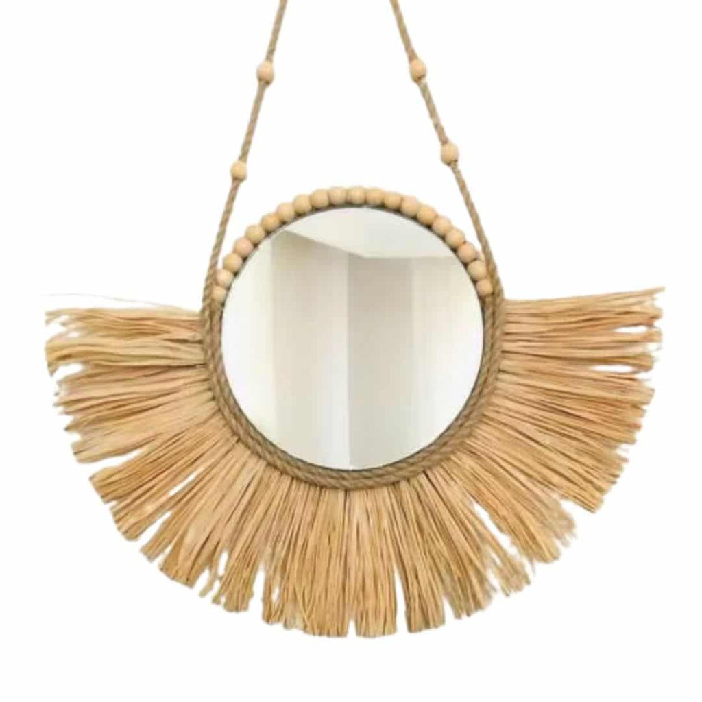 Round mirror with half moon straw fringe and wooden bead hanger