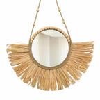 Round mirror with half moon straw fringe and wooden bead hanger