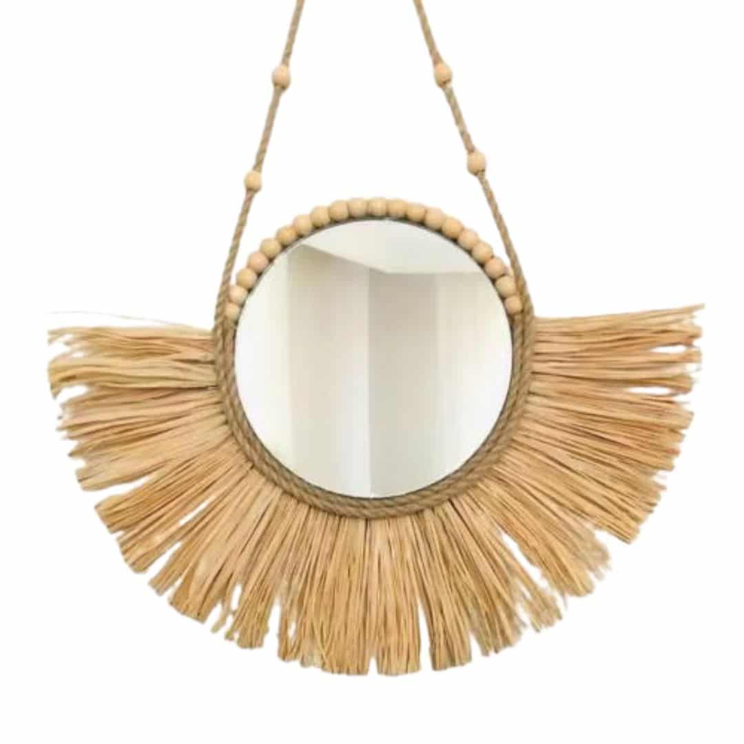 Round mirror with half moon straw fringe and wooden bead hanger