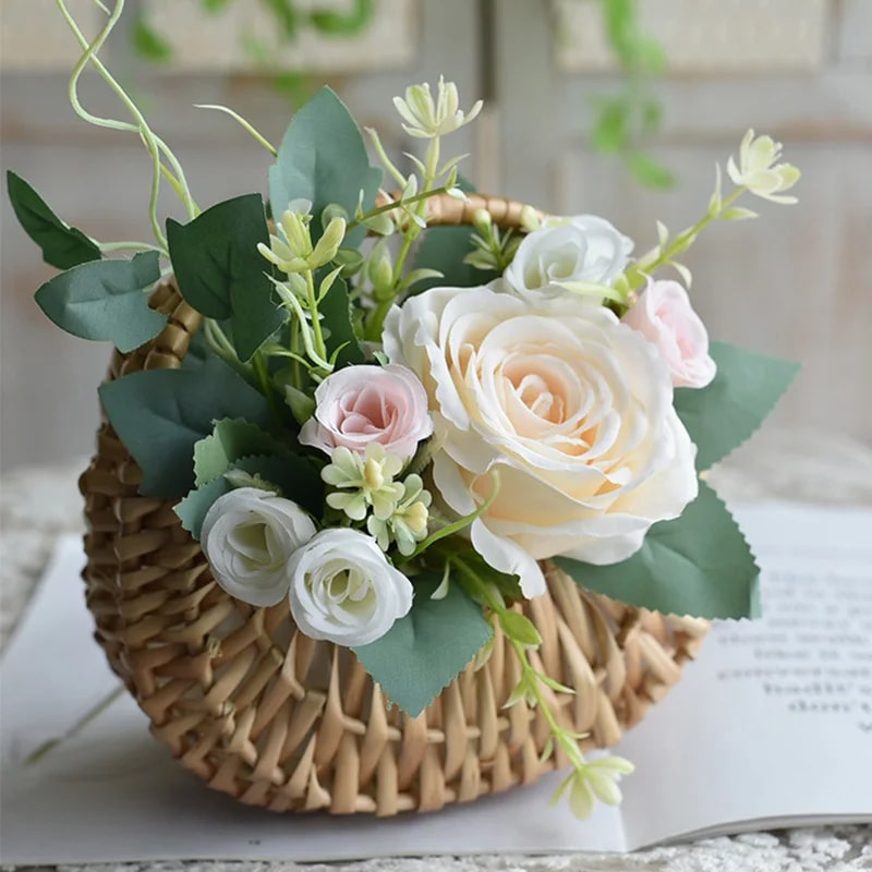 Small half moon shaped woven basket with handle