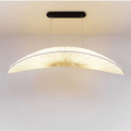 Long rounded pendant light hand knitted in golden straw look fiber on an iron frame