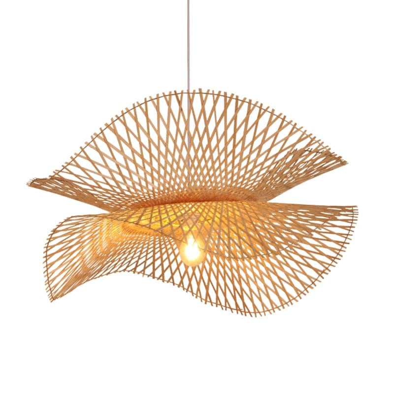 Spiral pendant light hand woven in natural bamboo and rattan