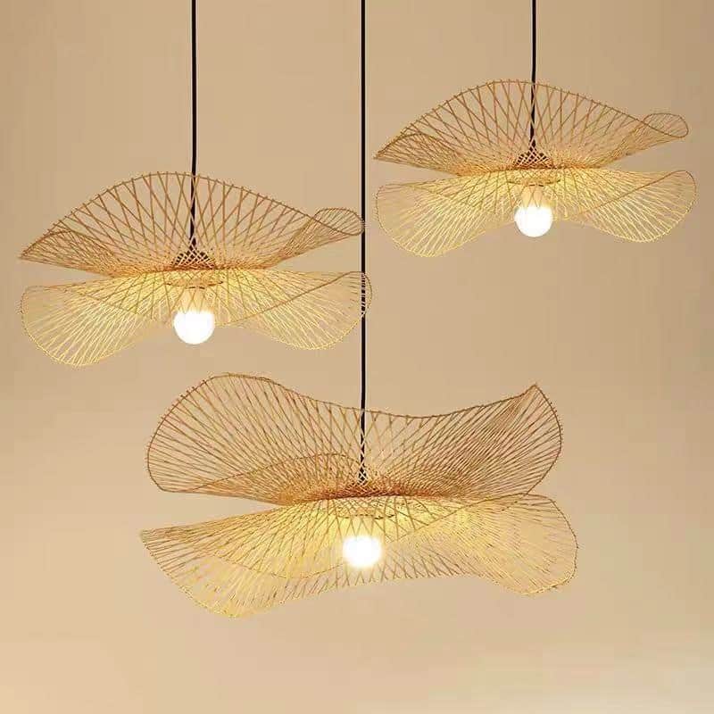Spiral pendant light hand woven in natural bamboo and rattan