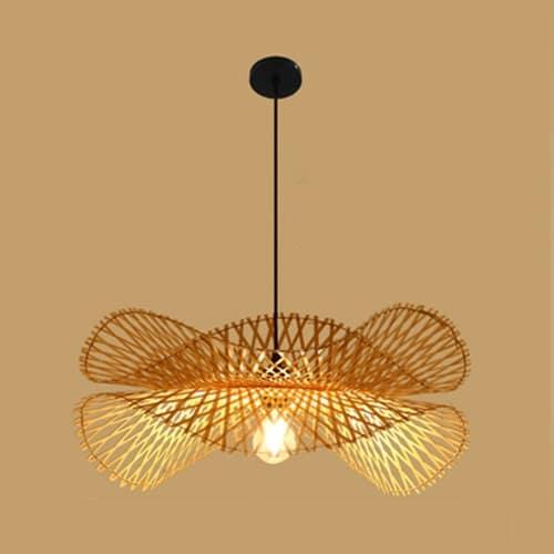 Spiral pendant light hand woven in natural bamboo and rattan