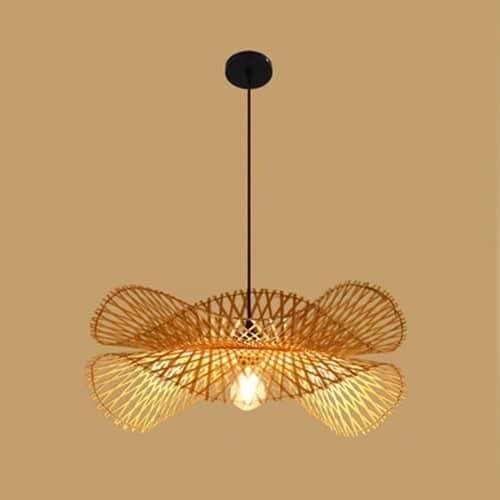 Spiral pendant light hand woven in natural bamboo and rattan