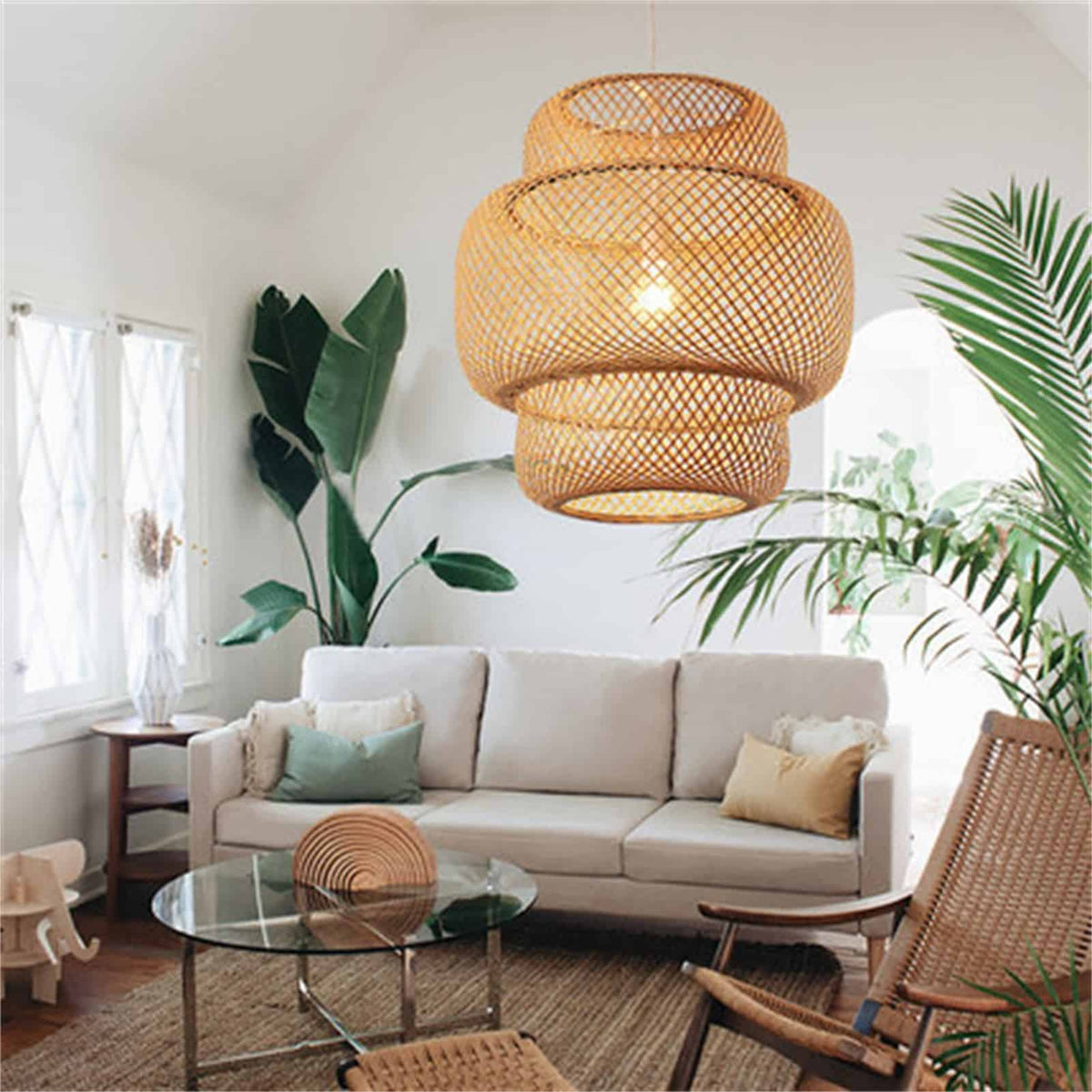 Hand woven natural bamboo pendant light with a modern geometric shape