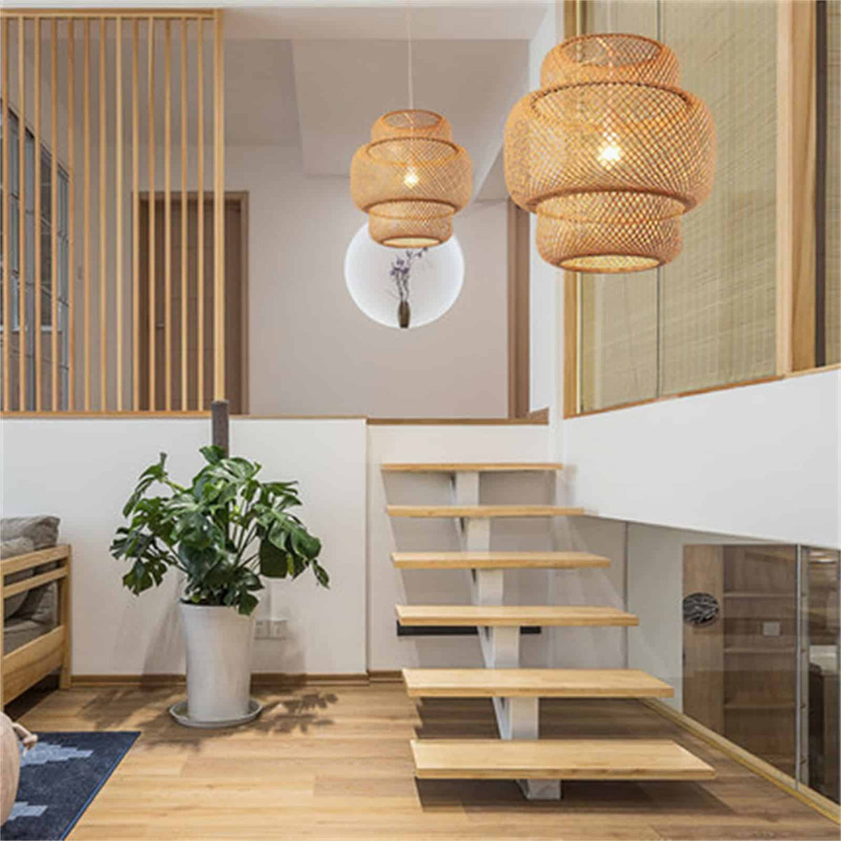 Hand woven natural bamboo pendant light with a modern geometric shape