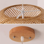 Hand woven natural bamboo pendant light with a modern geometric shape