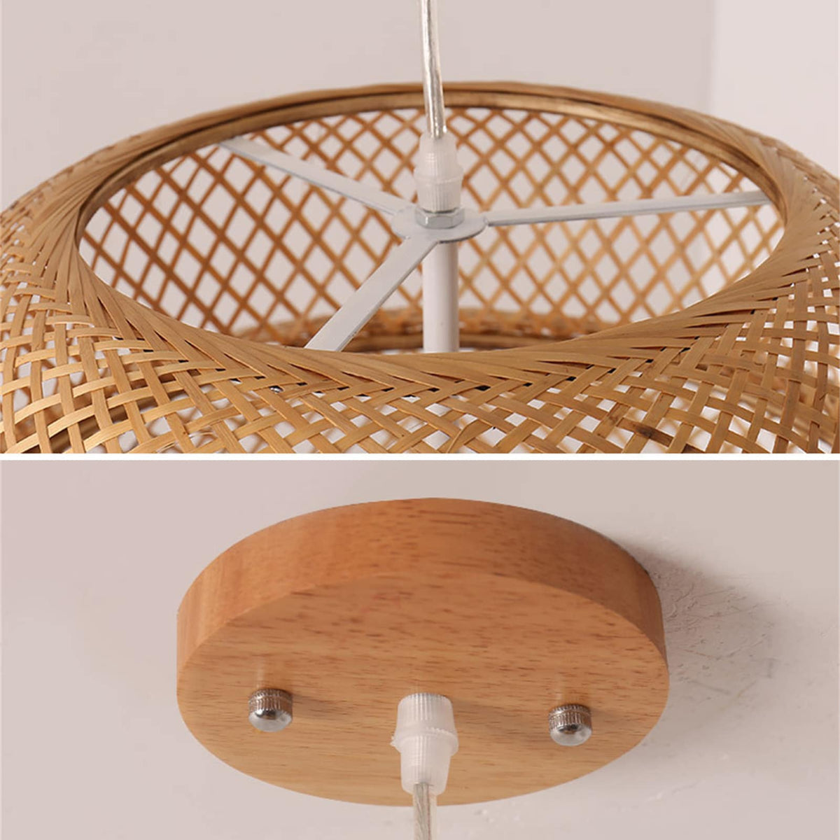 Hand woven natural bamboo pendant light with a modern geometric shape