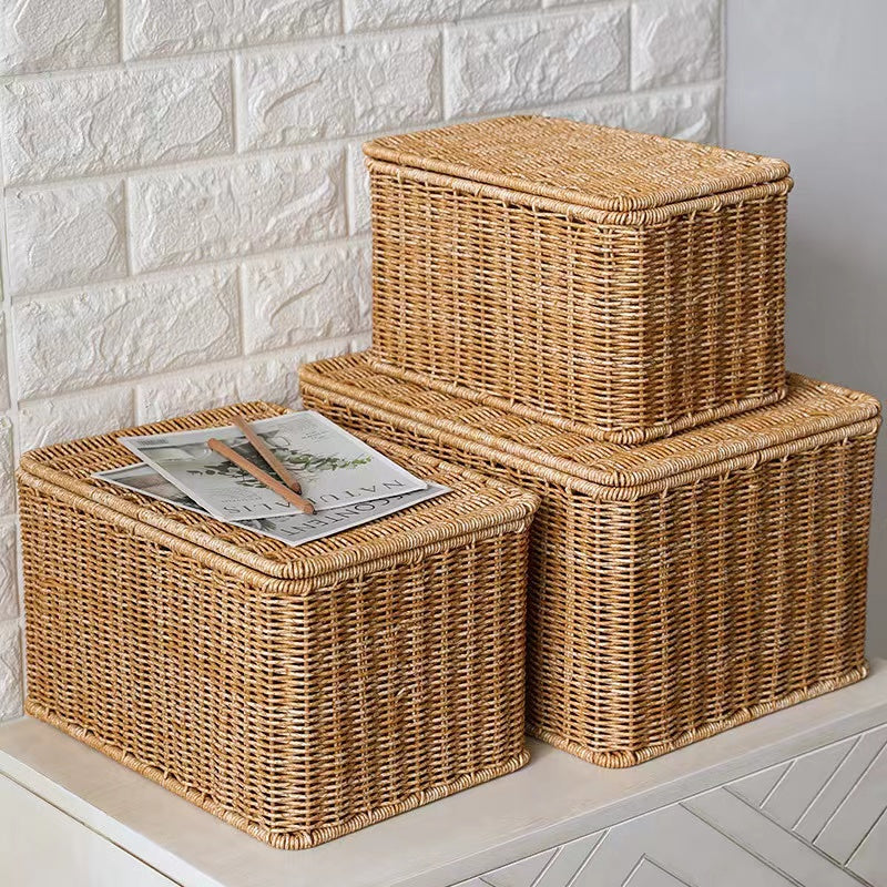 Tightly hand woven natural rattan trunk box with a top opening lid