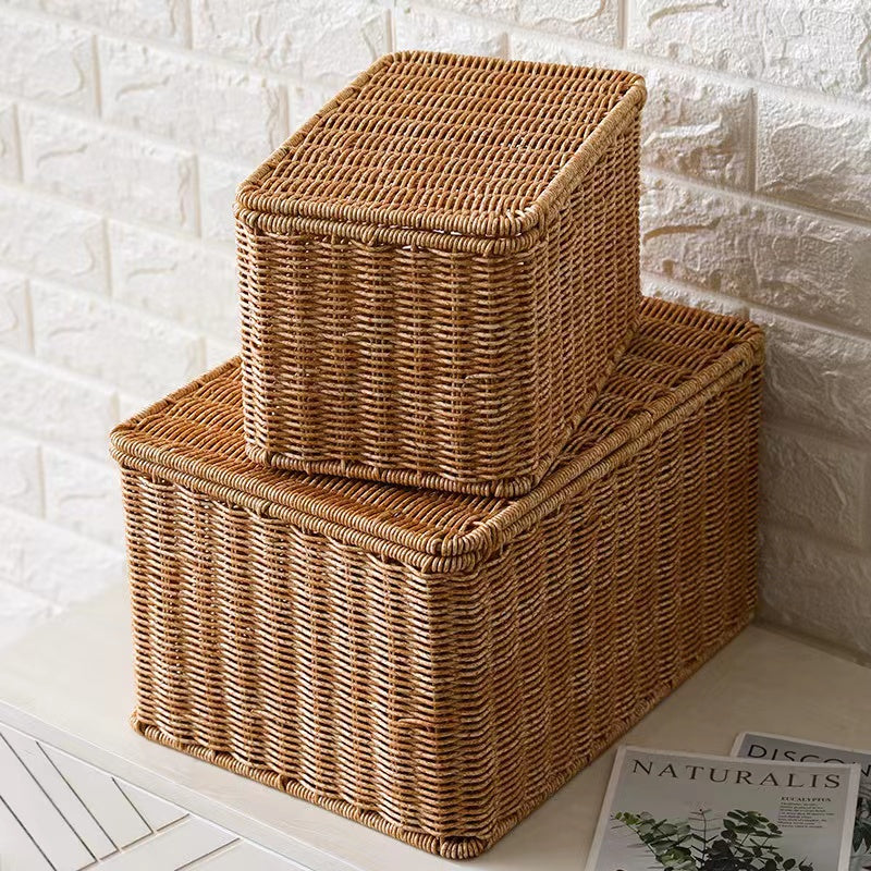 Tightly hand woven natural rattan trunk box with a top opening lid