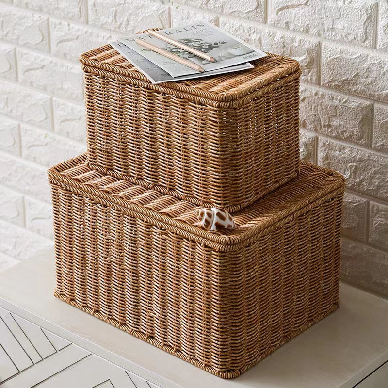Tightly hand woven natural rattan trunk box with a top opening lid