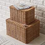 Tightly hand woven natural rattan trunk box with a top opening lid