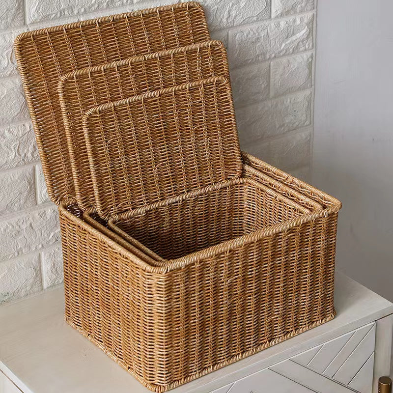 Tightly hand woven natural rattan trunk box with a top opening lid