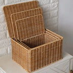 Tightly hand woven natural rattan trunk box with a top opening lid