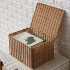Tightly hand woven natural rattan trunk box with a top opening lid