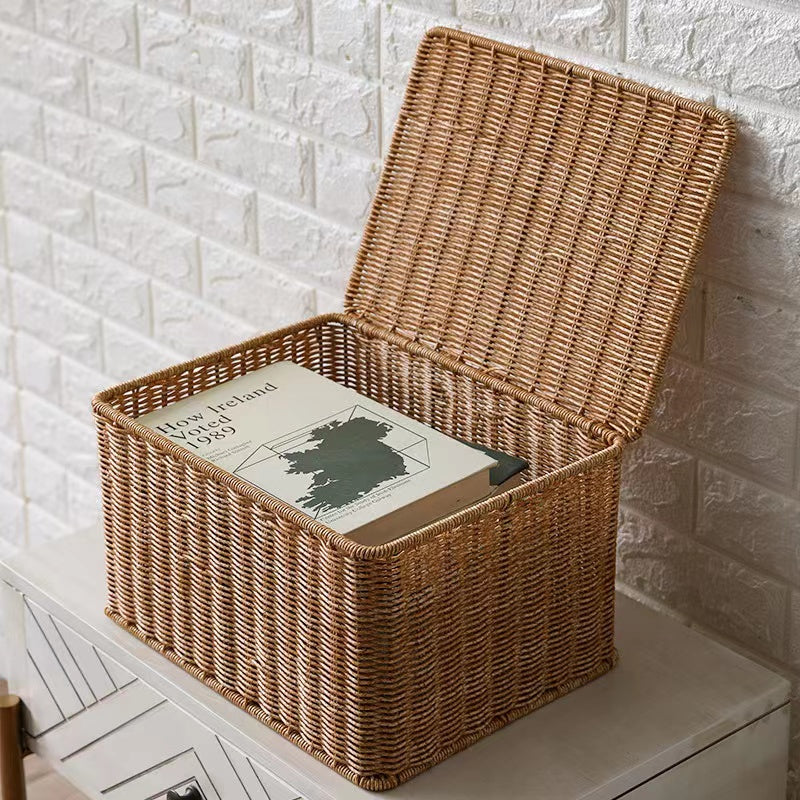 Tightly hand woven natural rattan trunk box with a top opening lid