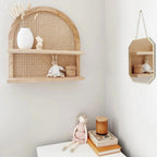 Square wall shelf with hand woven rattan on a solid wood frame